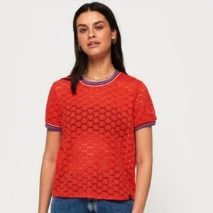 Superdry Apple Red Ayesha Lace Short Sleeve Tee Size 8